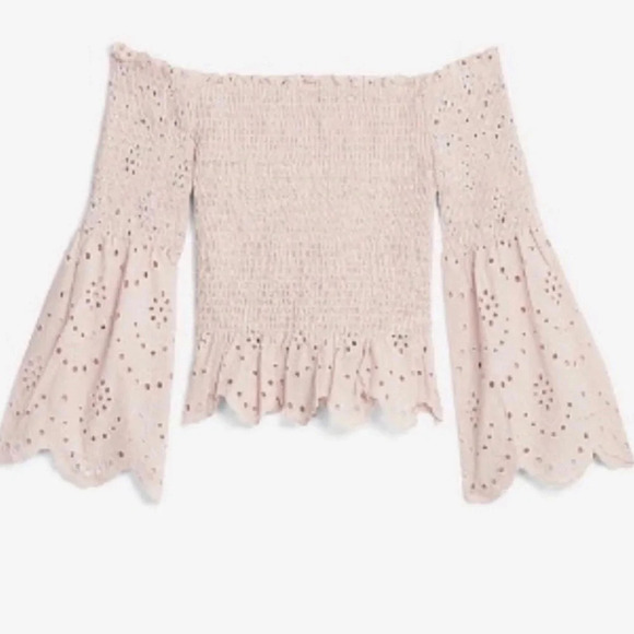 Express Women’s Smocked Eyelet Bell Sleeve Cropped Blouse Spring NWT Size M - Picture 1 of 8